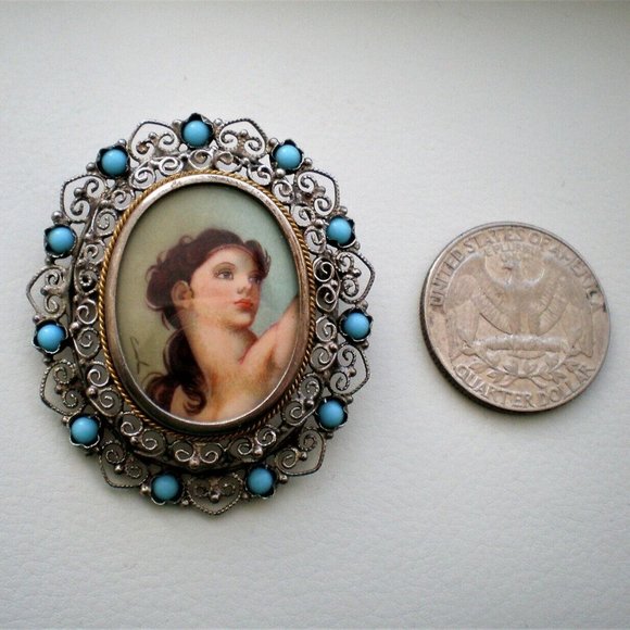 Antique 800 Silver Faux Turquoise Lady Cameo Style Filigree Brooch Pin Pendant - Picture 2 of 3